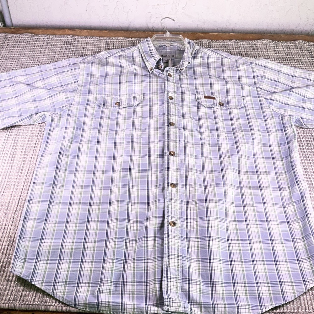 Carhartt Relaxed Fit Blue/Wht Plaid Short Sleeve Button Down Shirt Men's Size XL